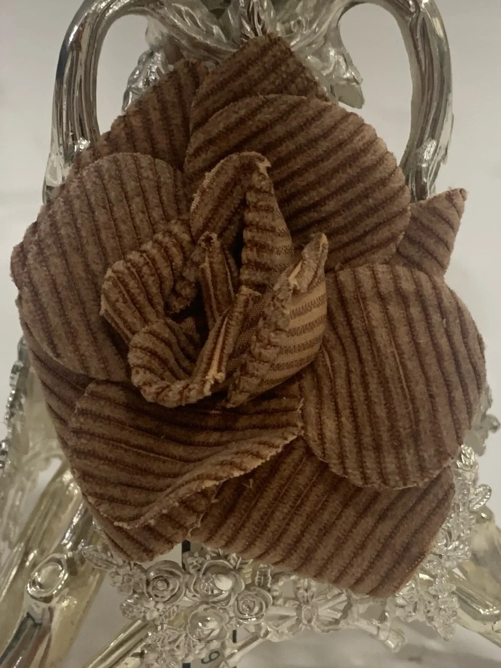 Rare CHANEL Brown Corduroy Camellia BROOCH